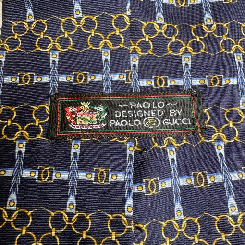 VTG Paolo Designed by Paolo Gucci Silk Tie OS Navy Bluer Equestrian Chain Italy